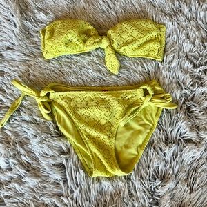 Victoria Secret Neon Yellow Crochet Bikini Strapless Top & Side Tie Bottoms